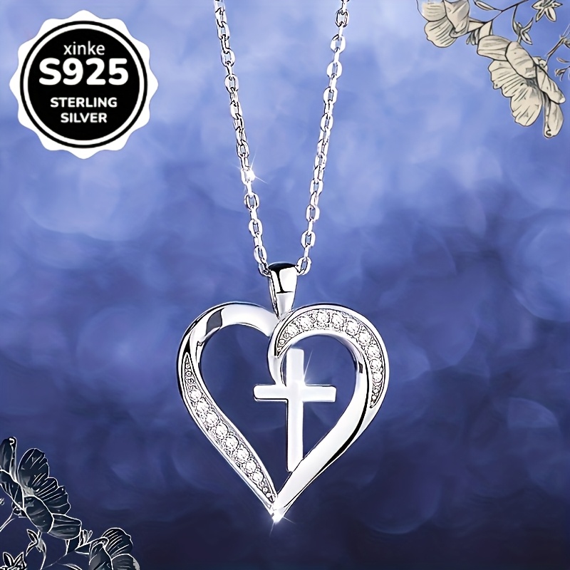 Women's Heart-Shaped Silvery Cross Necklace, Symbolizing Eternal Love